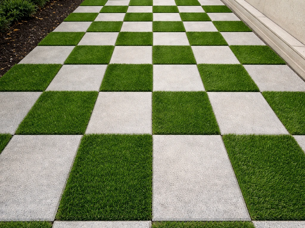 Allée en damier alternant rectangles de gazon synthétique et dalles en pierre/grès/béton