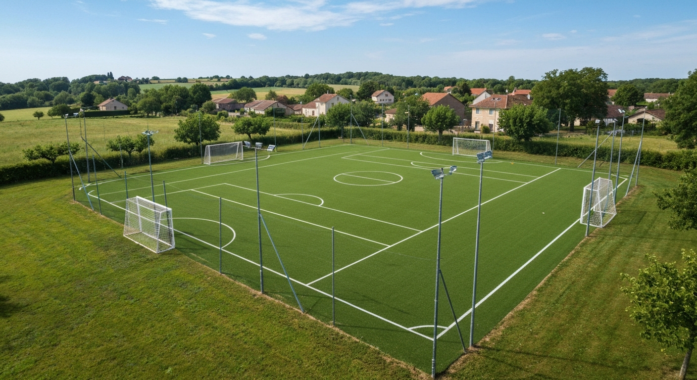Terrain de football en gazon naturel vu en oblique, pelouse verte et marquage net