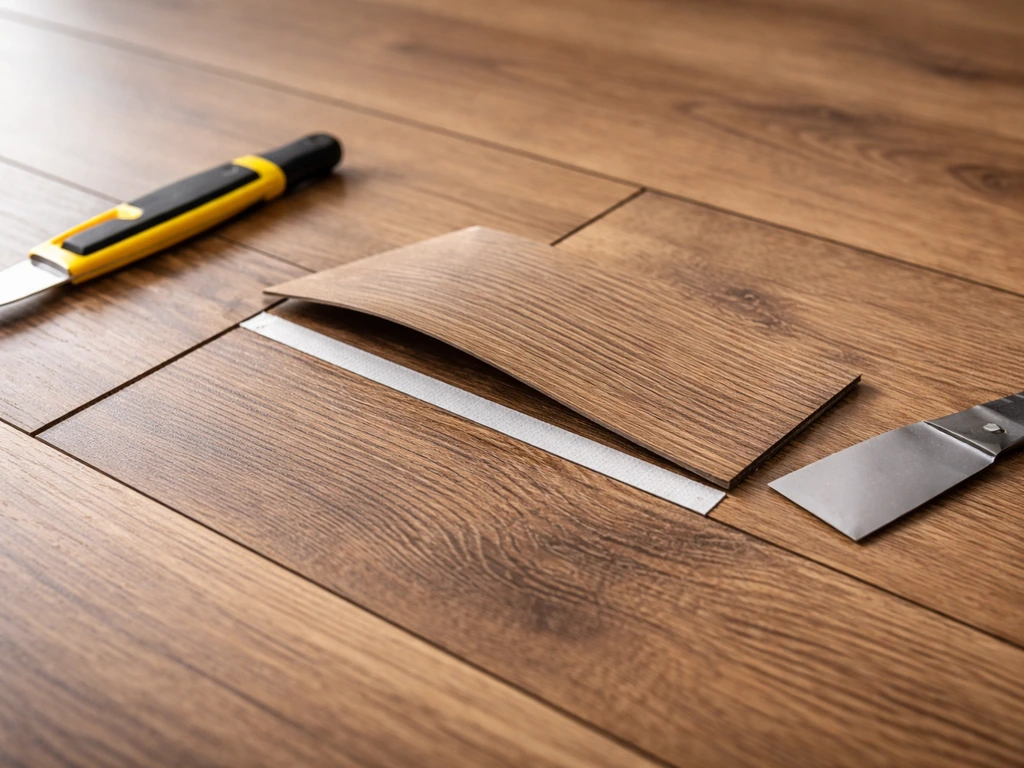 Chantier : pièce abîmée repositionnée et jointe avec une bande adhésive double-face, bords réalignés.