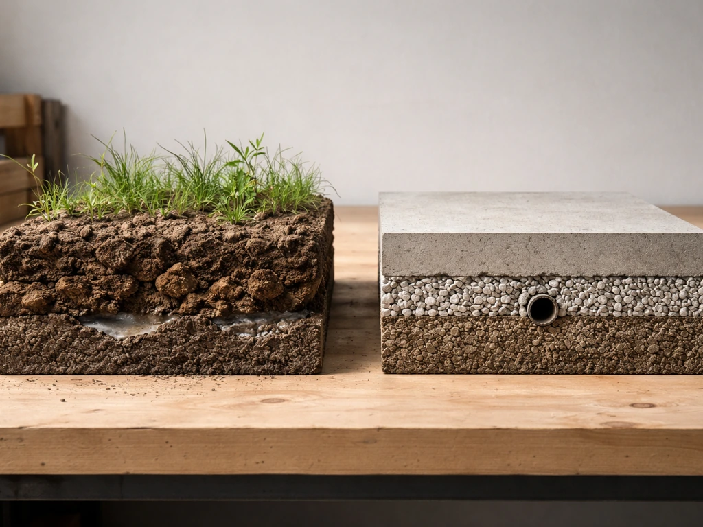 Deux coupes de sol côte à côte : terre avec tassement et mauvaises herbes, dalle béton avec drainage propre.