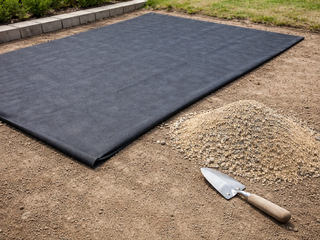Base de sol nivelée avec géotextile au sol et gravier/sable de calage, avant la pose des lés de gazon