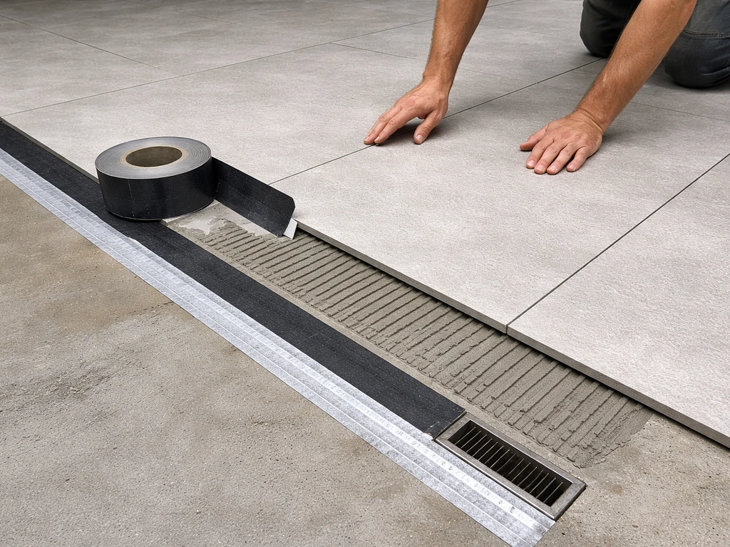 Pose de revêtement sur dalle béton avec rouleau d’adhésif et colle, alignement des lés près du bord