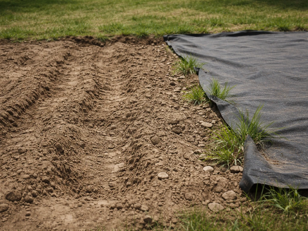 Terre non compactée avec ondulations et ornières, géotextile mal posé laissant passer des herbes.