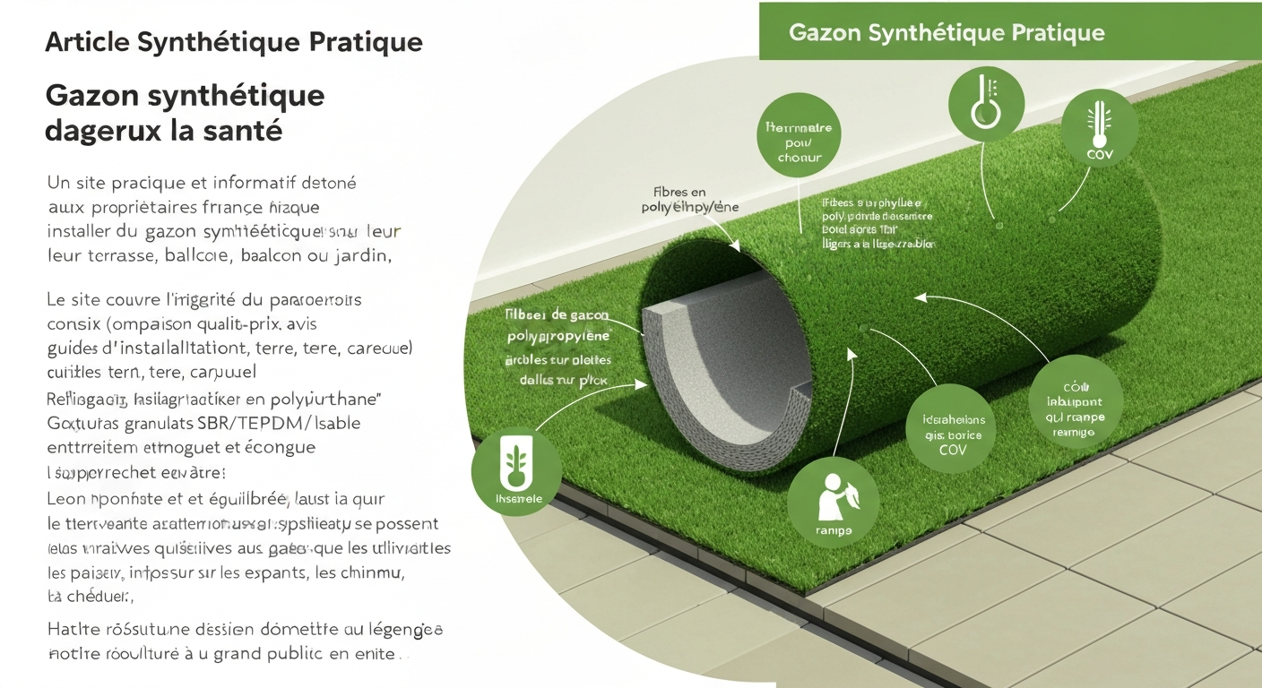 Infographie montrant un rouleau de gazon synthétique déroulé et une coupe étiquetée des fibres, du backing et du remplissage, avec pictogrammes santé et environnement.