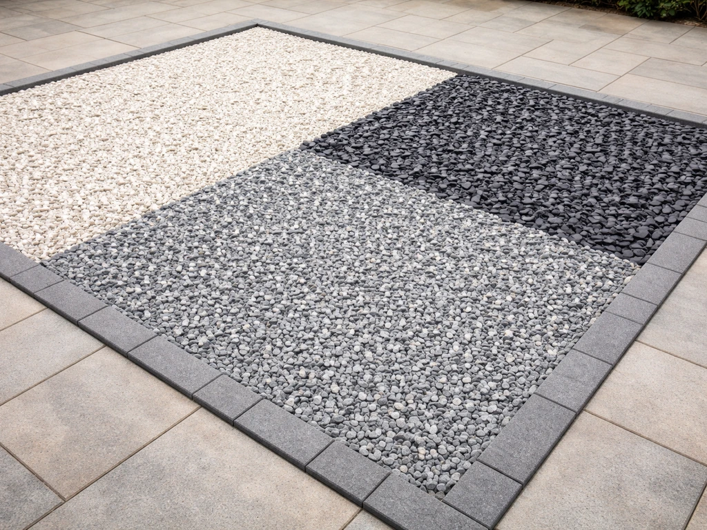 Terrasse de jardin minimaliste avec graviers décoratifs blancs et noirs, finitions propres et bord net.
