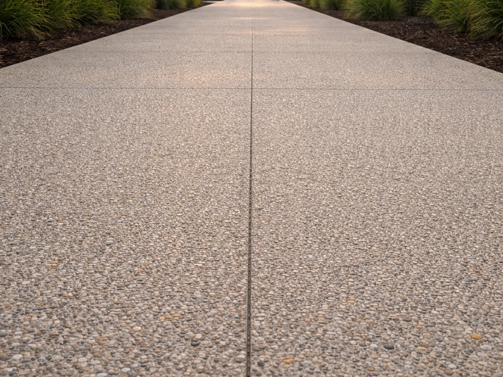 Allée en béton désactivé uniforme, granulats visibles, texture minérale haut de gamme, vue rapprochée