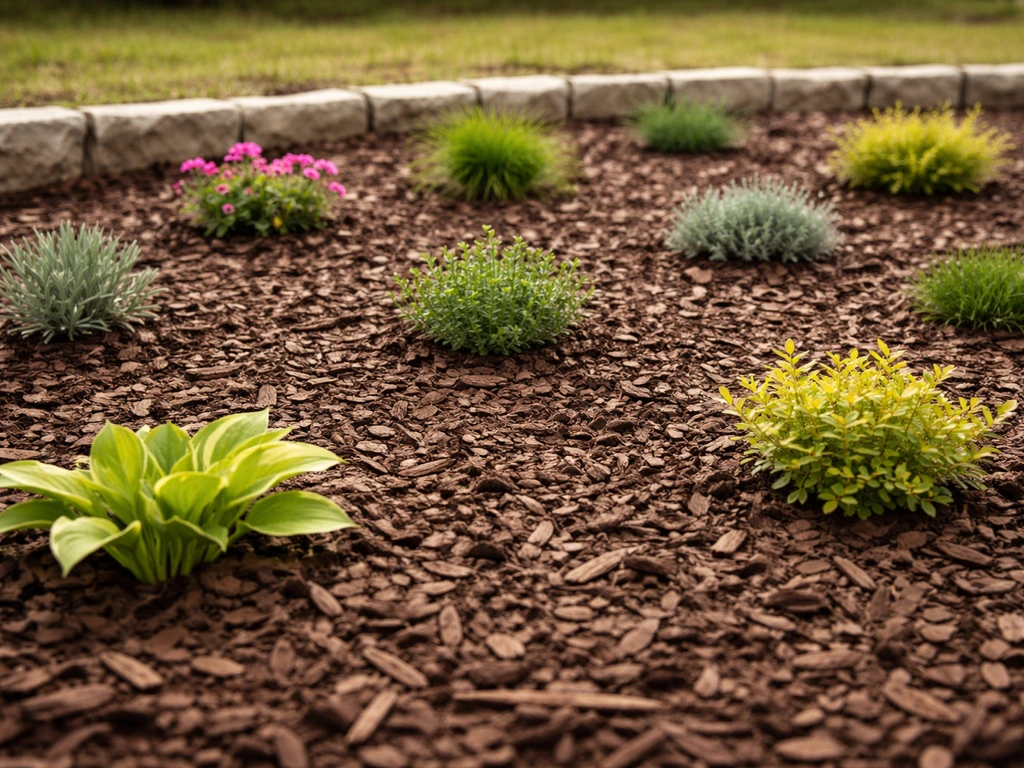 Jardin minimaliste avec paillage au sol et petites plantes réparties entre les zones de couvre-sols.